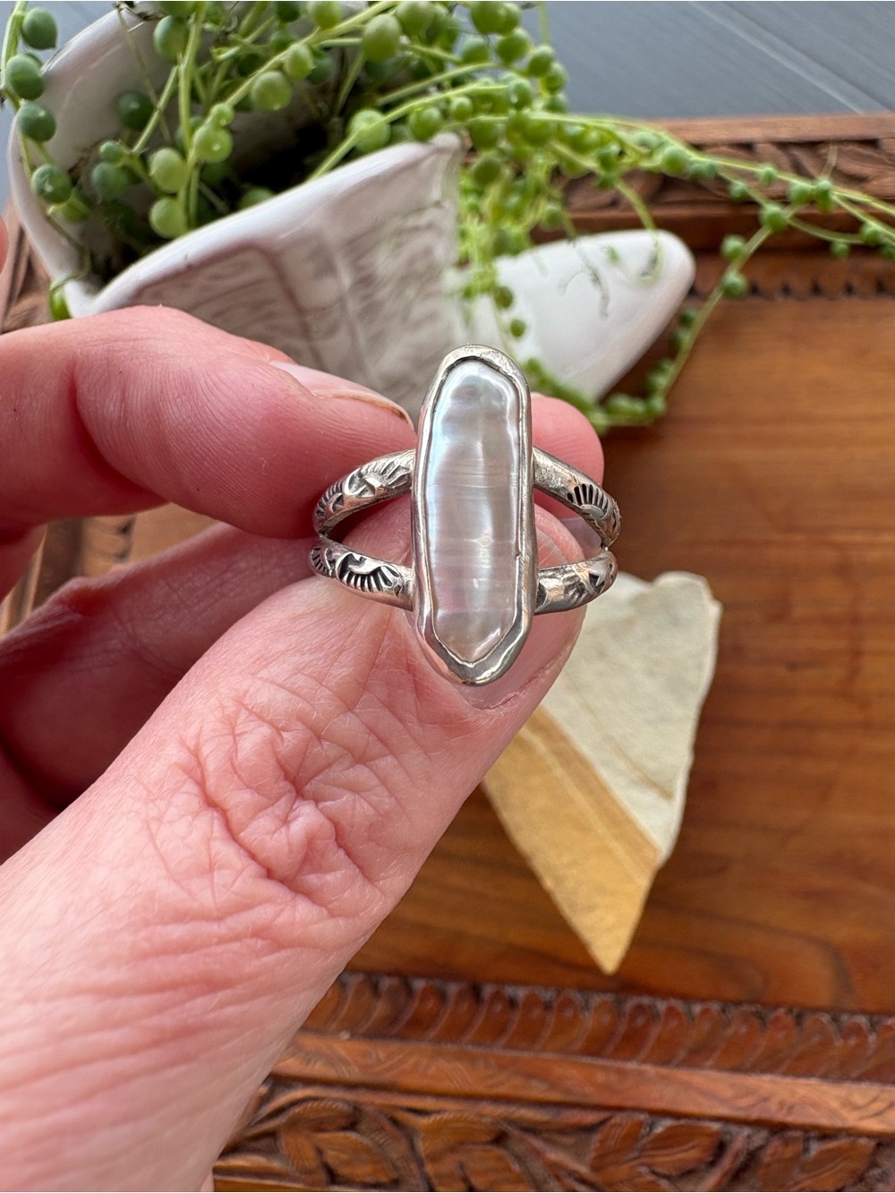 Artisan Mother of Pearl Sterling Silver Ring Hand Stamped Band 7